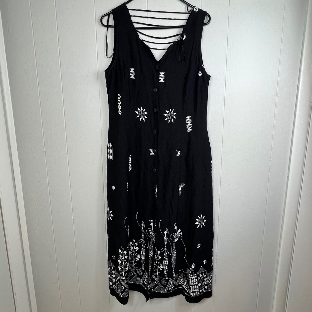 R & K Originals Petite Black‎ Sleeveless Rayon Dress Tribal Sun Midi 14P